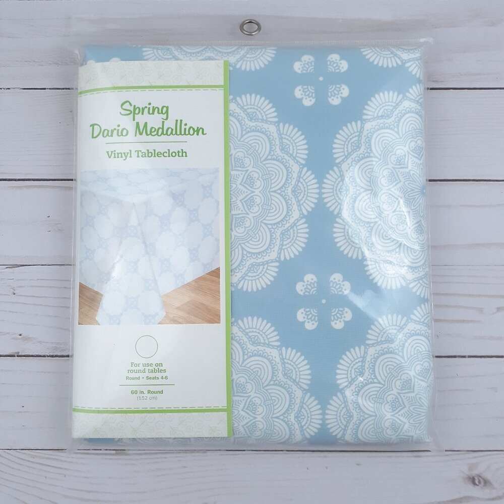 Vinyl Tablecloth Medallions Blue White 60 Inch Round